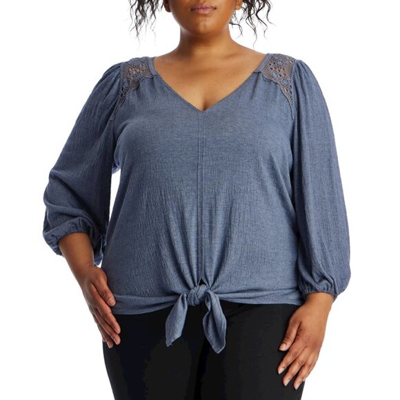 NWT Max Studio Lace Trim V Neck Front Tie Front Blouse Top - Picture 1 of 6